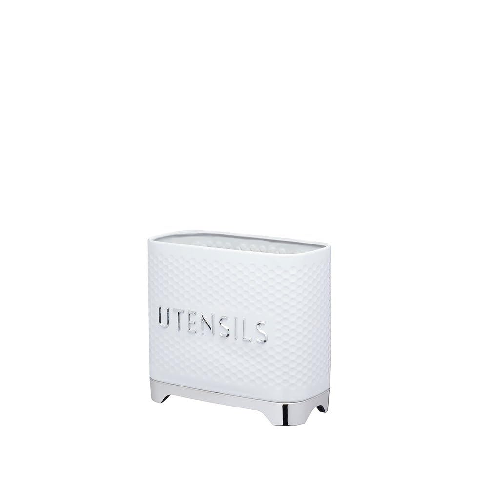 KitchenCraft Lovello Utensil Holder, Textured with Geometric Hexagon Pattern Cutlery Holder, 20 x 10 x 16 cm (8 x 4 x 7"), Ice White
