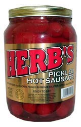 Herbs RED HOT Pickled Sausage (Half Gallon. Jar) 20 Count Beef & Chicken No Pork ( From Candy World)