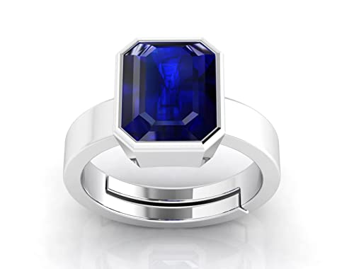 Indian 15.25 Ratti Certified Blue Sapphire (Neelam) Silver + White Metal Ring for Men Women 12549, Silver, Created Sapphire, Silver, Created Sapphire