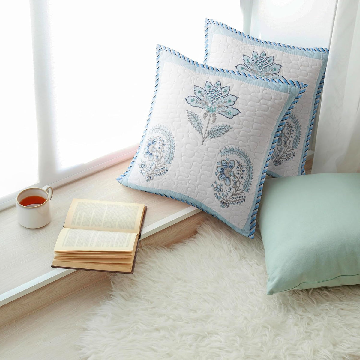 HOMEMONDE Sanganeri Hand Block Printed Soft Cushion Cover Set of 2 - Square 16 x 16 Inches Cotton Throw Pillow Cover, Baby Blue