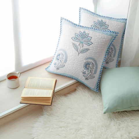 HOMEMONDE Sanganeri Hand Block Printed Soft Cushion Cover Set of 2 - Square 16 x 16 Inches Cotton Throw Pillow Cover, Baby Blue