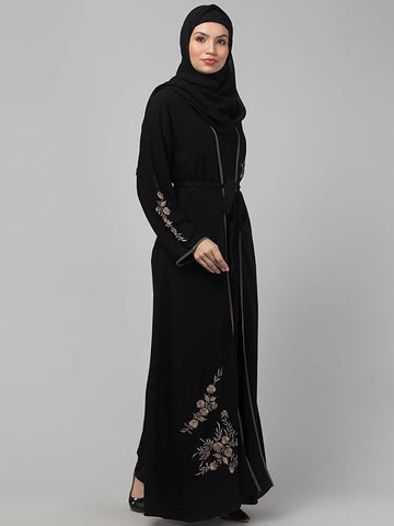 HIZFASON women latest leyered embroidered long dress shrug wear abaya burkha (L, Black)