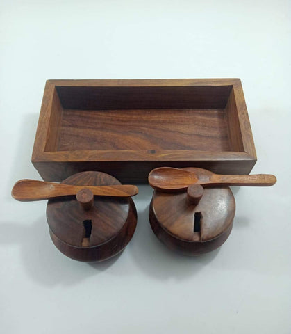 DWH DELUXE WOOD HANDICRAFTS ecorative Box Wooden Jars Mukhwas Container Multipurpose Mukhwas Tray Set Refreshment Serveware Supari Saunf and Masala Box Container Set of 2 Box with Tray and Spoon
