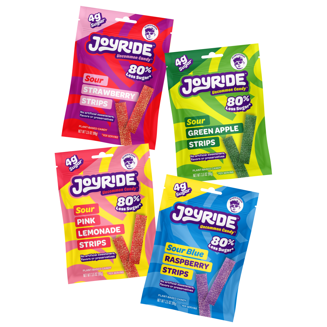 JOYRIDE sweets sour strips all natural candy launch pack four Flavors- pink lemonade , blue raspberry, strawberry, green apple