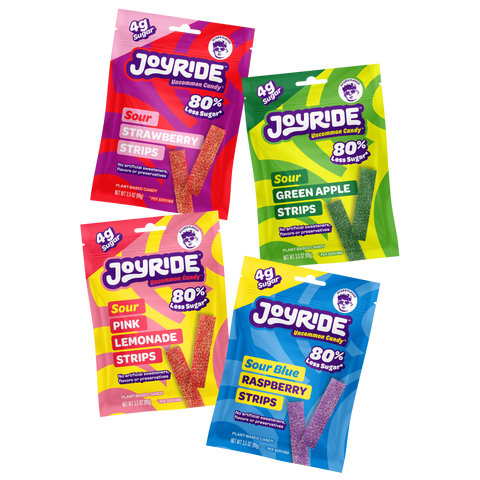 JOYRIDE sweets sour strips all natural candy launch pack four Flavors- pink lemonade , blue raspberry, strawberry, green apple