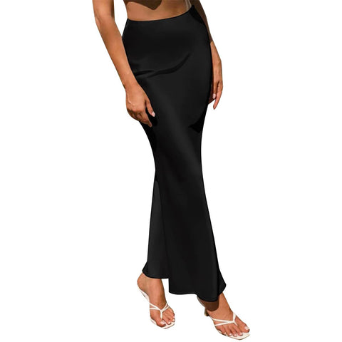 Black Long Skirt for Women Silk Skirt Spring Summer Satin Silk High Waist Ruffle A Line Long Maxi Skirt Tulip Satin Skirt for Beach Attire Evening Party Prom Gown Reception Holiday Skirt Black S