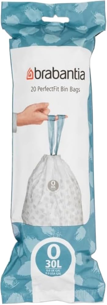 Brabantia IdealFit Bin Liners (Size O/30 Litre) Ideal Quality Thick Plastic Trash Bags with Tie Tape Drawstring Handles (20 Bags), White