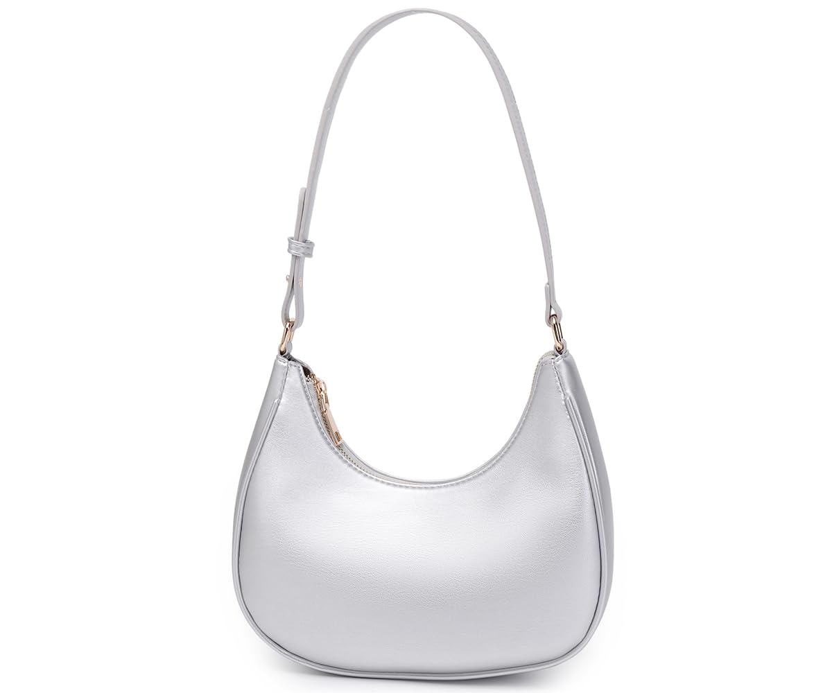 WSRYDJDL Crescent Shoulder Bags for Women Cute Hobo Tote Handbag Under the Arm Purses Mini Clutch Purse with Zipper Closure (Silvery)
