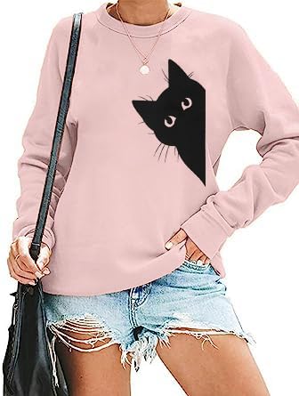 FRYAID Women's Funny Cat Print Sweatshirt Long Sleeve Pullover Lightweight Hoodie Shirt Pink