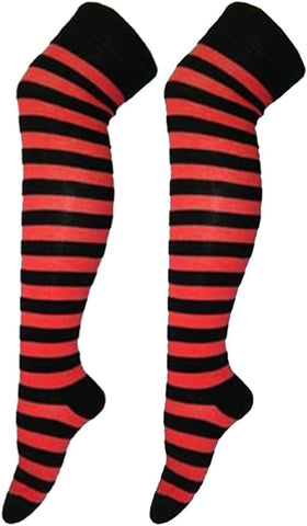 COSHAL® Women's Long Striped Socks Ladies Stripe over the Knee Socks Girls Womens Over The Knee Stockings Leg Warmer Socks Xmas Party Socks Size 4-6 Black & Red OTK