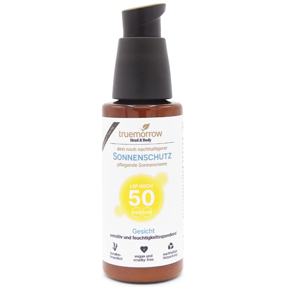 truemorrow Nourishing Sun Cream Face SPF 50 50 ml Sensitive and Moisturising without Perfume PA++++ Protection Level Sustainable, Climate-neutral, Vegan, Coral Friendly, Made in Germany