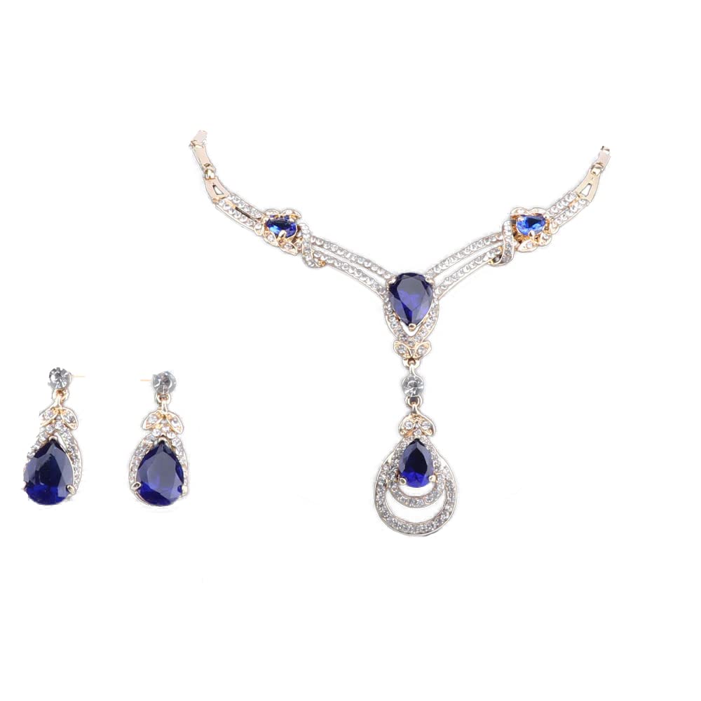 Women Bridal Austrian Crystal Zircon Necklace Earrings Jewelry Set Gifts Fit with Wedding Dress With Boxes (Gold Blue)
