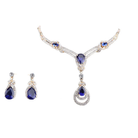 Women Bridal Austrian Crystal Zircon Necklace Earrings Jewelry Set Gifts Fit with Wedding Dress With Boxes (Gold Blue)