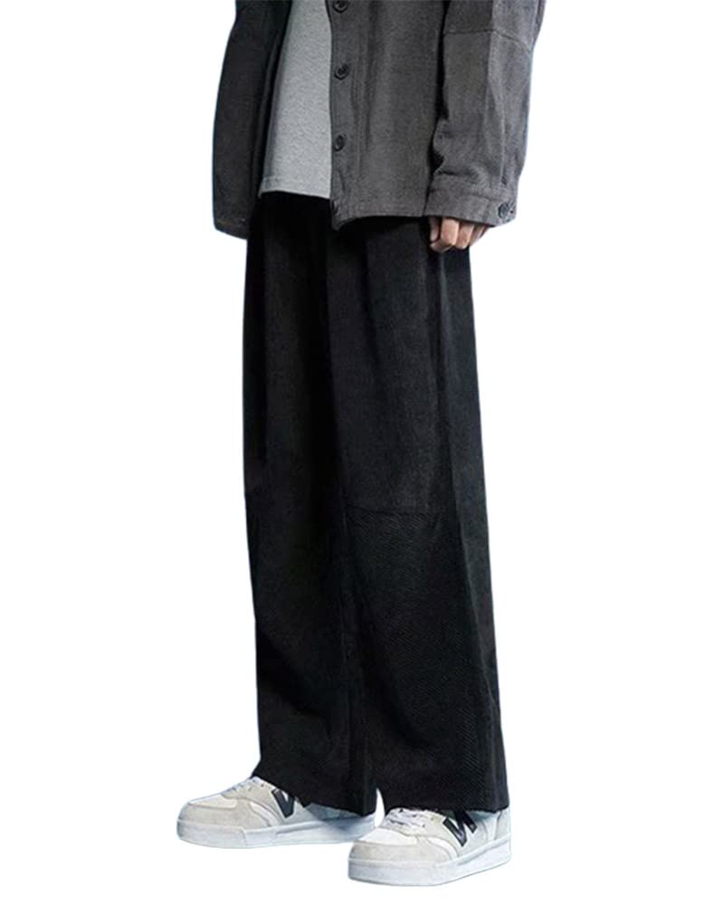 yoeasy Men Loose Elastic Waist Corduroy Pants Casual Drawstring Outdoor Wide Leg Pants (XX-Large, Black)