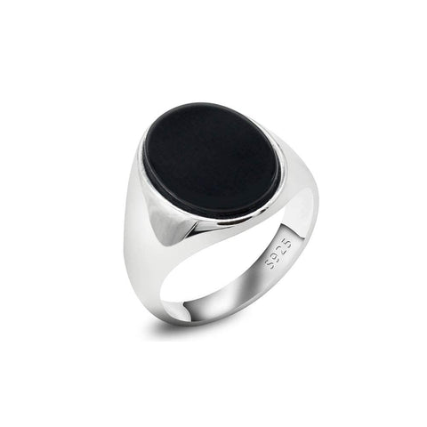 Qida S925 Sterling Silver Black Natural Onyx Stone Ring for Men Turkish Handmade Agate Jewelry Luxury Ring Simple Design for Male Female, Silver, Agate