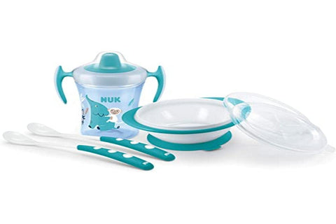 NUK Learn to Eat Set | Trainer Cup Sippy Cup (230 ml) | Feeding Bowl and Feeding Spoons | 6+ Months | BPA- | Blue | 4 Count