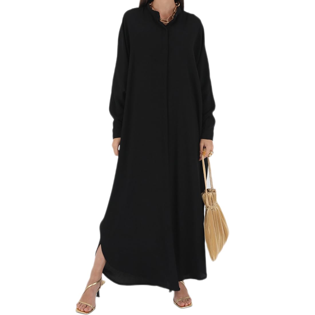 OBEEII Muslim Dress for Women Batwing Long Sleeve Henley Shirt Prayer Abaya Dress Full Cover Long Kaftan Dubai Islamic Ramadan Casual Modest Dress Black One Size