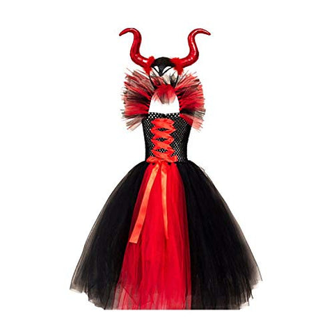 Kids Maleficent Costume Girl Princess Fancy Evil Queen Dress Up Handmade Knitted Tulle Dress with Horn Headband Devil Witch Halloween Carnival Cosplay Party Outfit Red 10-12 Years