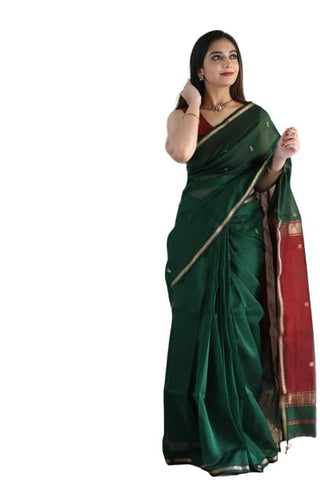 Jaanvi fashion Women's Cotton Blend Saree With Zari Work & Unstitched Blouse Piece (floryca-dark-green)