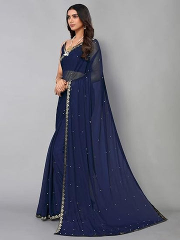 "	 SICHI Women'S Lycra Lace Work Saree With Unstitched Blouse Piece, Navy Blue3, One Size"