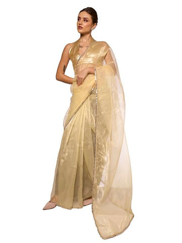 ORHANS Women's Organza Lightweight Lace Work Saree With Art Silk Sequence Work Golden Unstitched Blouse Piece, Pastel Yellow, One Size
