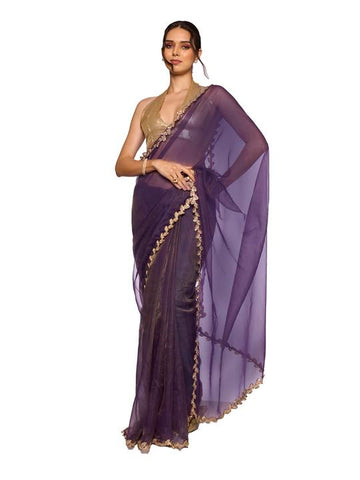 ORHANS Women's Organza Lightweight Lace Work Saree With Art Silk Sequence Work Golden Unstitched Blouse Piece, Purple, One Size