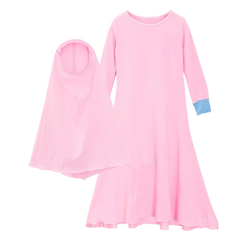 IBAKOM Abaya for Girl Muslim Dress with Hijab Long Sleeve Islamic Prayer Clothes Eid Ramadan Dubai Attire Kids Turkish Arabian Kaftan Robe Toddler Modest Jalabiya Kurta Set Pink (2PCS) 9-10 Years