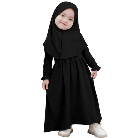IDOPIP Muslim Baby Girls Abaya Dress with Hijab 2PCS Modest Payer Clothes Set for Toddler Kids Girl Islamic Ramadan Dresses Ruffle Long Sleeve Maxi Kaftan Casual Dubai Robe Outfits Black 2-3 Years