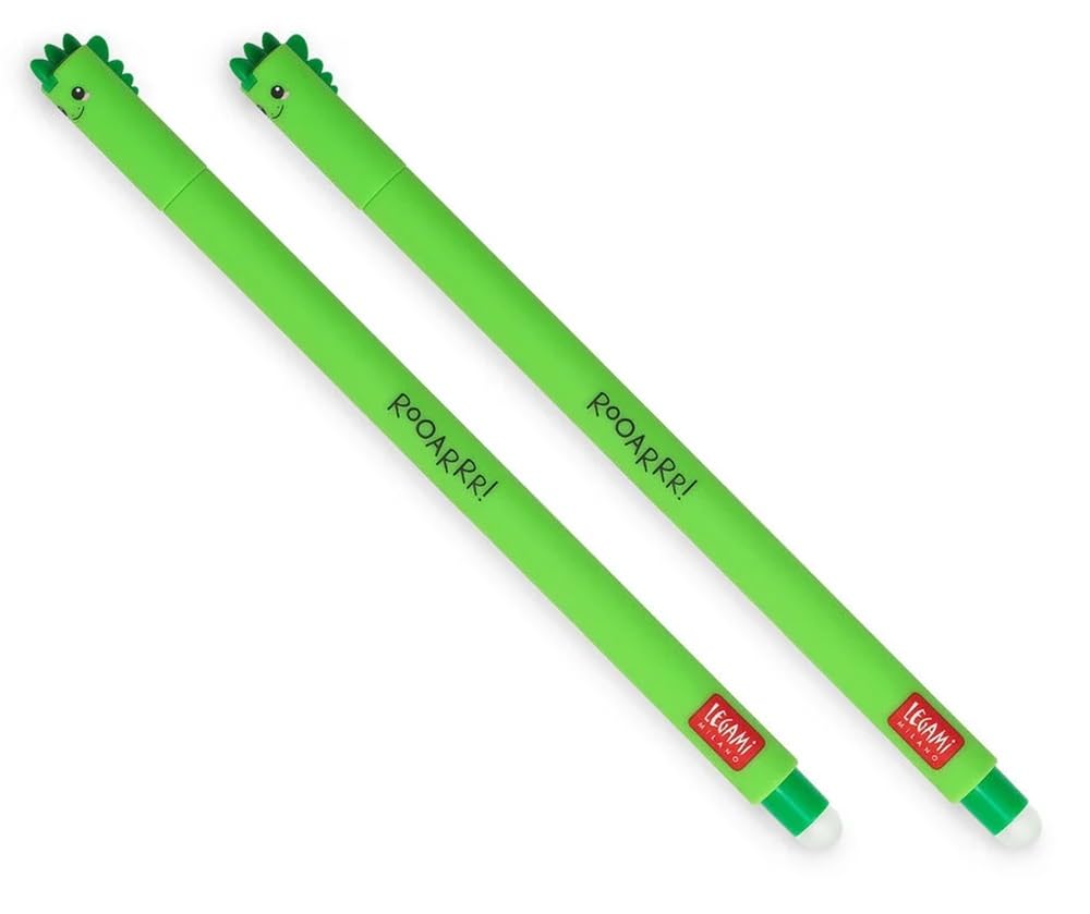 LEGAMI Erasable Gel Pen - Dino, Thermosensitive Ink, 0.7 mm Tip Diameter, 15 cm Length, Green ink (Pack of 2)