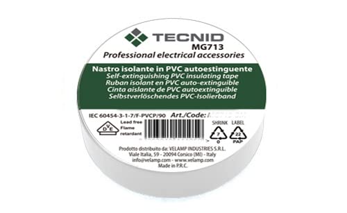 TECNID PVC Insulation Tape 0.12 mm Thickness 15 mm x 10 m White VDE Certified Waterproof Heat Resistant Self Adhesive Perfect for repairing bonding electrical work