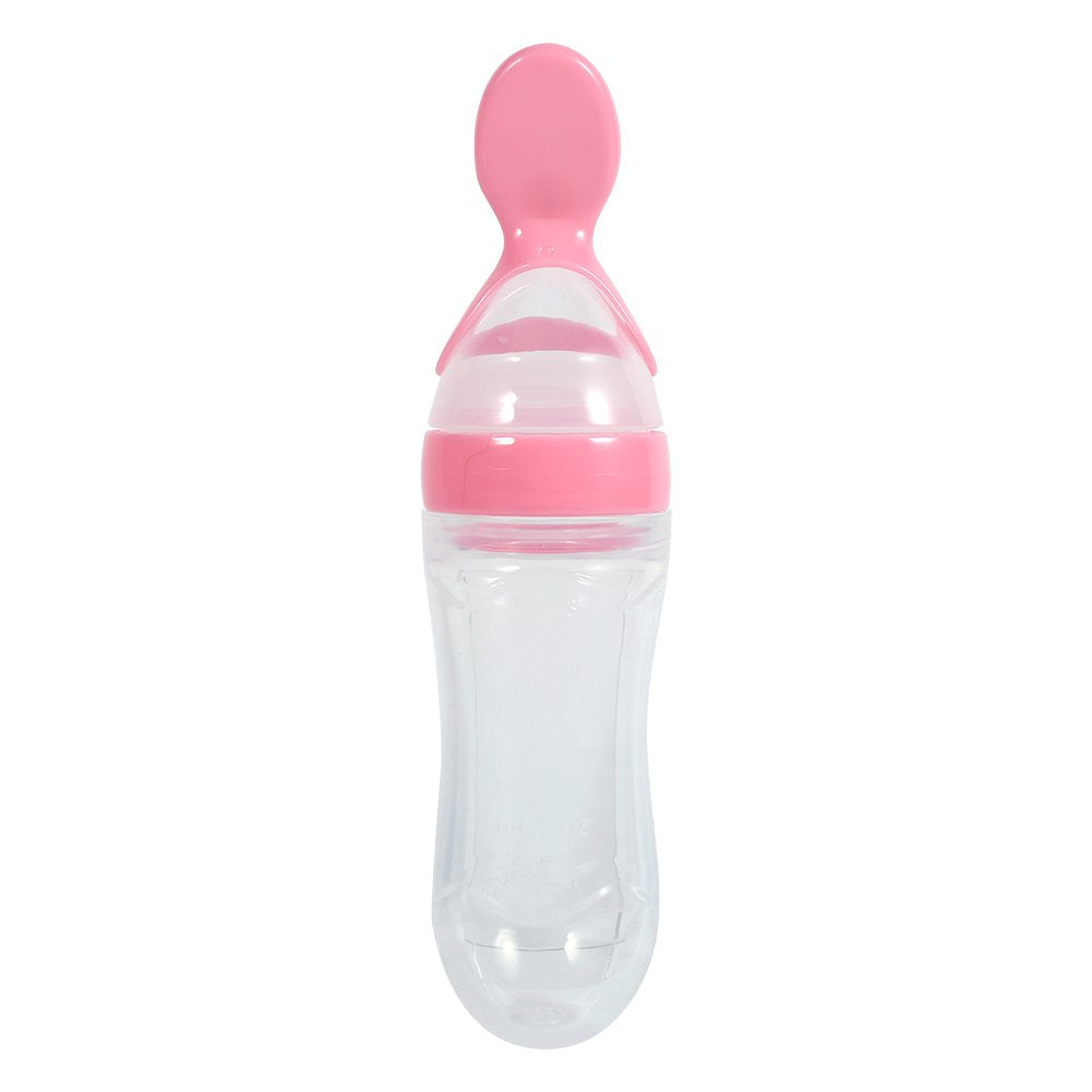 Silicone Baby Spoon Leak-Proof Squeeze Feeder Baby Spoon Bottle Infant Feeding Spoon for Fresh Cereal(Pink)