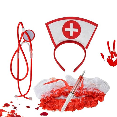 NICEYEA Nurse Costume Uniform Set for Women Girls Nurse Hat Headband Syringe Stethoscope Halloween Christmas Carnival Fancy Dress Cosplay Outfit Makeup Prop