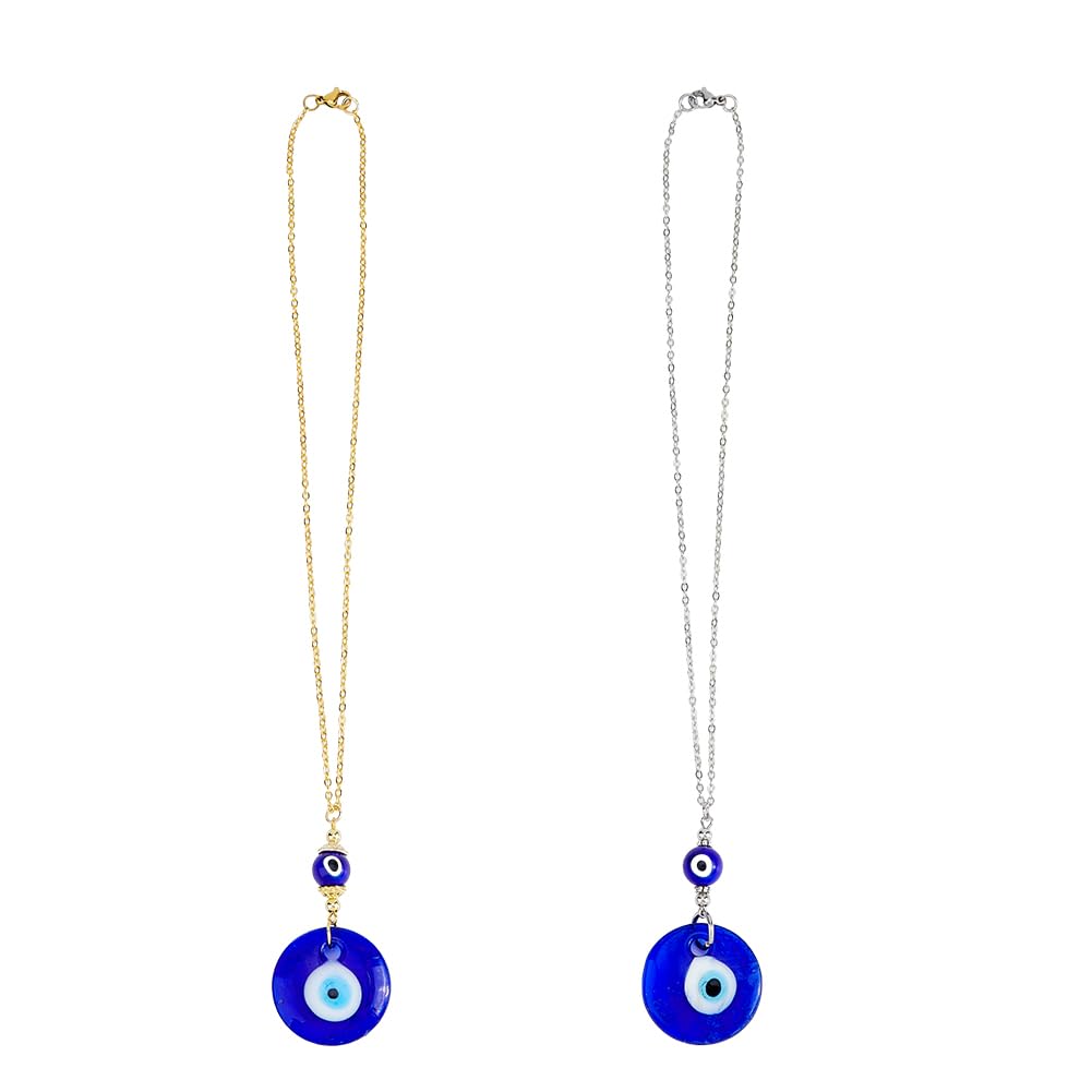 SUPERFINDINGS Evil Eye Necklace, 2Pcs Lampwork Pendant with Brass Cable Chain, 41cm, Blue, Unisex Decoration for Home, Car, Office
