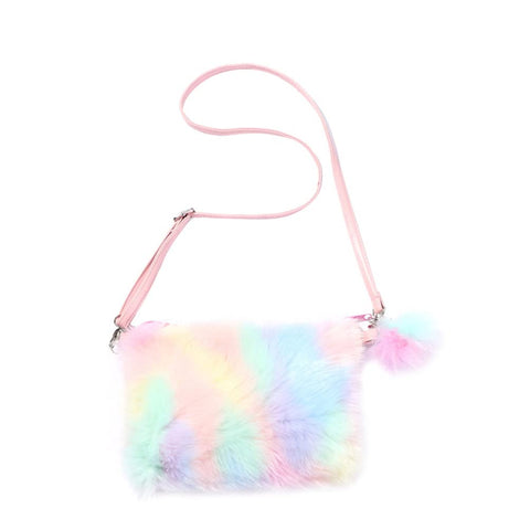 PRETYZOOM Tie Dye Furry Plush Crossbody Shoulder Purse Rainbow Faux Fur Handbag for Mothers Day Women Wallet Bag
