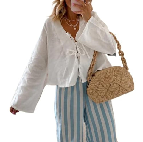 Tie Front Top Coquette Bow Linen Shirt Going Out Summe White Y2k Long Sleeve Blouse (White,L,Large)