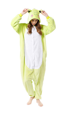 FunnyCos Unisex Animal Onesie Adult Halloween Pajamas Cosplay Costume Hooded Loungewear Light Green Frog S