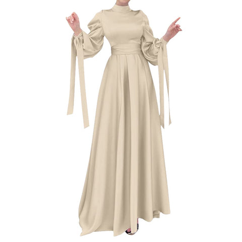 OBEEII Muslim Dress for Women Loose Full Cover Long Abaya Satin Dress with Hijab Kaftan Abayas Islamic Robe Beige Small