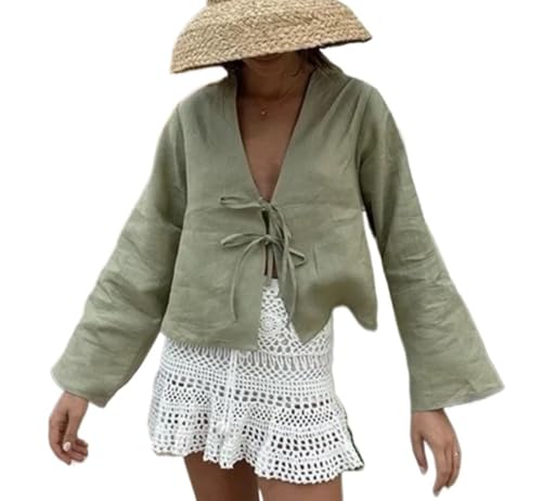 Tie Front Top Coquette Bow Linen Shirt Going Out Summe White Y2k Long Sleeve Blouse (Green,L,Large)
