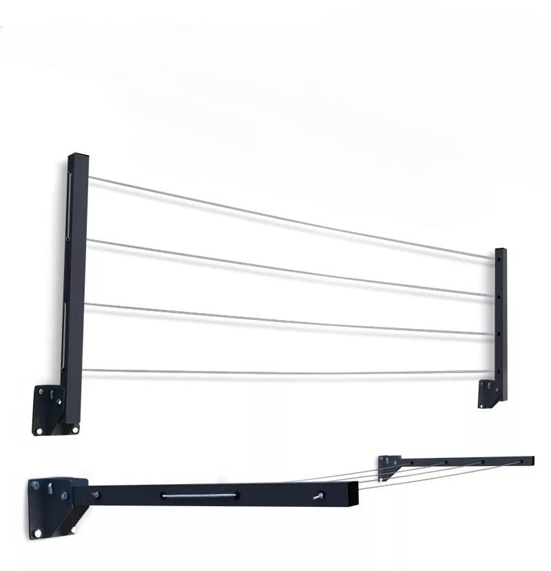 Glitz™ Clothes Drying Stand Space Saving Foldable 4 Wire Metal Wall Mount, Collapsible Rack Powder Coated Rust Proof Four Tier with Free Clothesline (Black)
