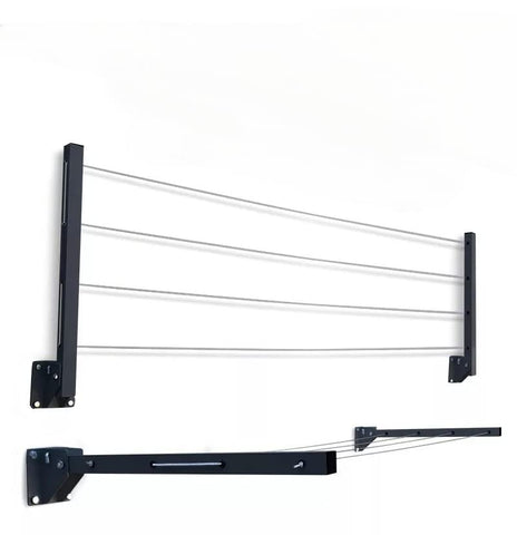Glitz™ Clothes Drying Stand Space Saving Foldable 4 Wire Metal Wall Mount, Collapsible Rack Powder Coated Rust Proof Four Tier with Free Clothesline (Black)
