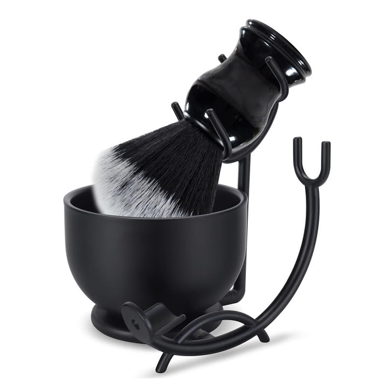 Grandslam Deluxe Shaving Kit for Men, 3 in 1 Shaving Set Includes Shaving Brush, Stainless Steel Shaving Bowl and Razor & Brush Holder, Black Set