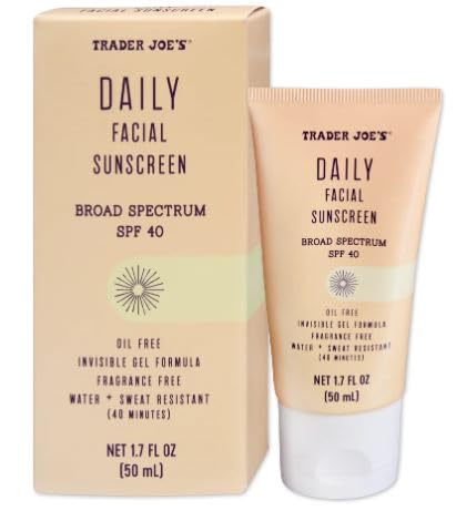Trader JoeÃƒÆ’Ã†â€™Ãƒâ€šÃ‚Â¢ÃƒÆ’Ã‚Â¢ÃƒÂ¢Ã¢â€šÂ¬Ã…Â¡Ãƒâ€šÃ‚Â¬ÃƒÆ’Ã‚Â¢ÃƒÂ¢Ã¢â€šÂ¬Ã…Â¾Ãƒâ€šÃ‚Â¢s Daily Facial Sunscreen Broad Spectrum SPF 40 Oil Free Clear Color Gel Formula Fragrance Free Water Sweat Resistant, 1.70 Fl Oz