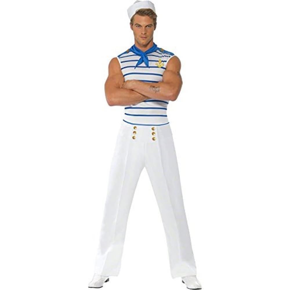Smiffys Fever Male French Sailor Costume, White with Top, Trousers and Neck Scarf, Fever Male Fancy Dress, Adult Dress Up Costumes