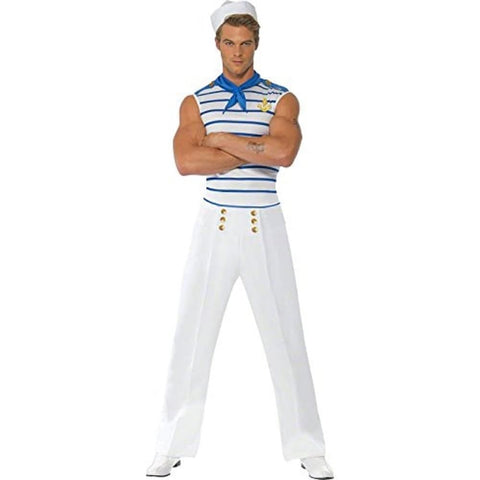 Smiffys Fever Male French Sailor Costume, White with Top, Trousers and Neck Scarf, Fever Male Fancy Dress, Adult Dress Up Costumes