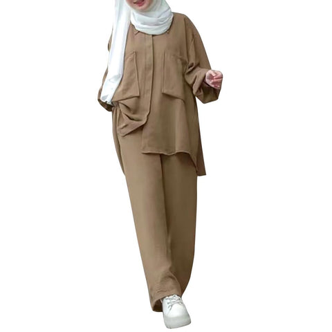 Formal Muslim Clothes For Women Dress Top Women Abaya Dress Robe For Muslim Women Modest Islamic Dubai Abayas Outfits for Id al-Fitr Corban Festival Eid Ramadan Khaki-Pockets Button Down Shirt L