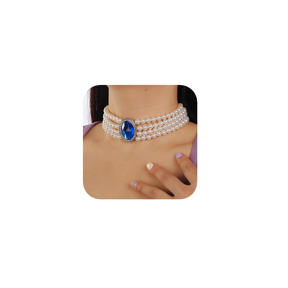 fxmimior Boho Women Multilayer 1920s Necklace Blue Chunky Dainty Pearls Layered Choker Necklaces Handmade Beads Fashion Chunky Pendant Multilayer Adjustable Layering Chain Necklaces Set for Women (Blue)