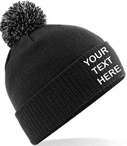 Personalised/Embroidered Mens/Ladies Pom Pom Beanie Hat, Text/Logo (Black/Graphite)