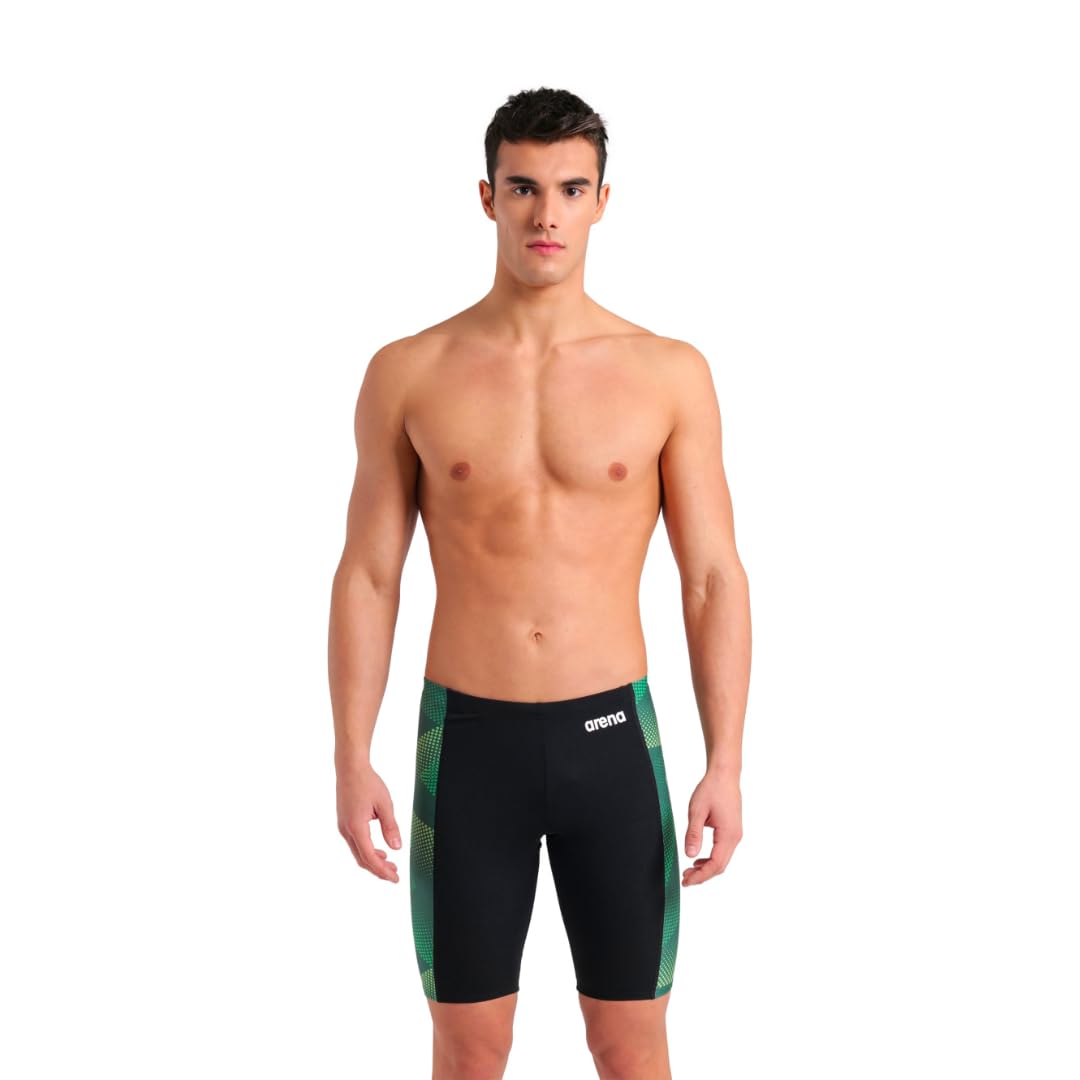 ARENA Mens Halftone Competitive Racing Jammers for Intensive Swimming, Reduced Drag Swimsuit,Black-Team Green