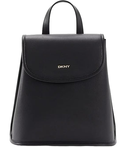 DKNY Women's Brook Leather Large Flap Backpack, Black/Gold, One Size
