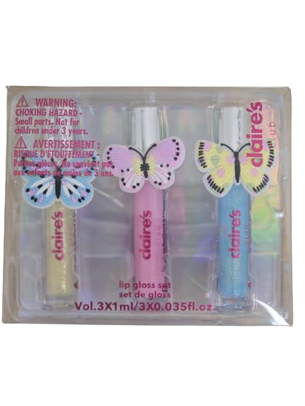 Claire's Accessories 3-Pack of Glitter Shimmer Lip Glosses in Blue, Clear, and Pink with Butterfly Decals